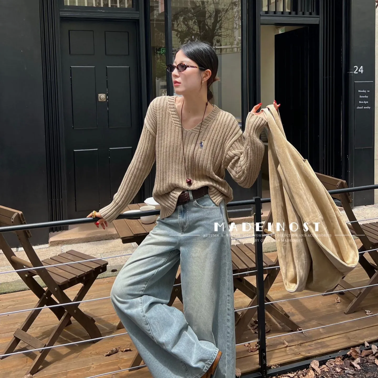 Joskaa 2024 Autumn New 9% Wool 20% Tencel Lazy Atmosphere V-neck Thick Needle Loose Sweater