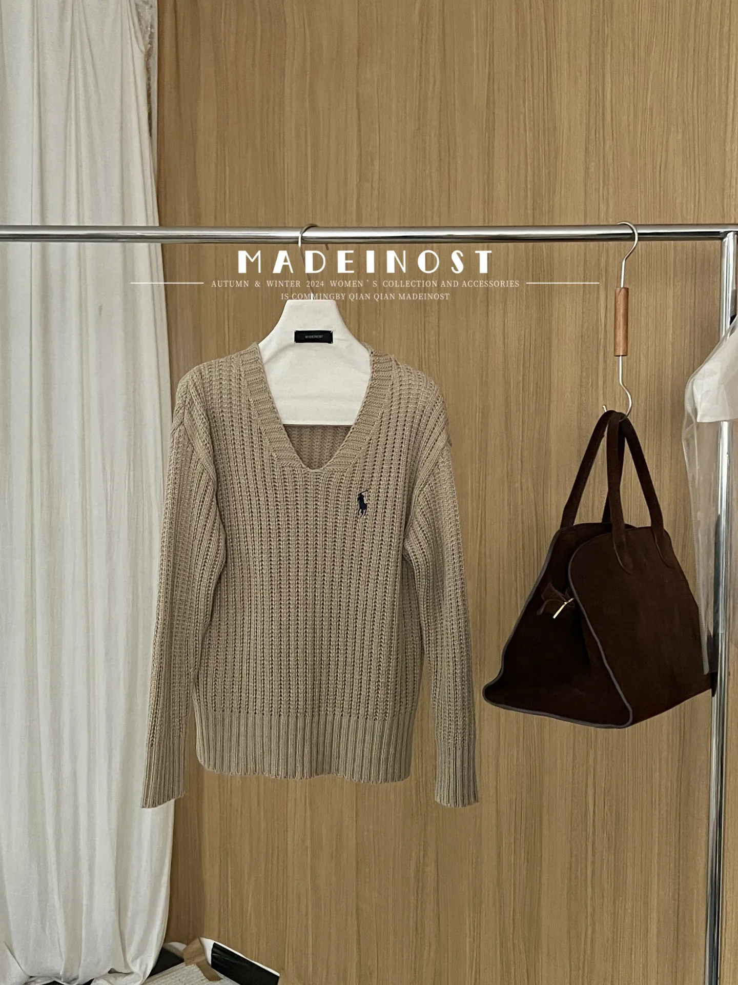 Joskaa 2024 Autumn New 9% Wool 20% Tencel Lazy Atmosphere V-neck Thick Needle Loose Sweater