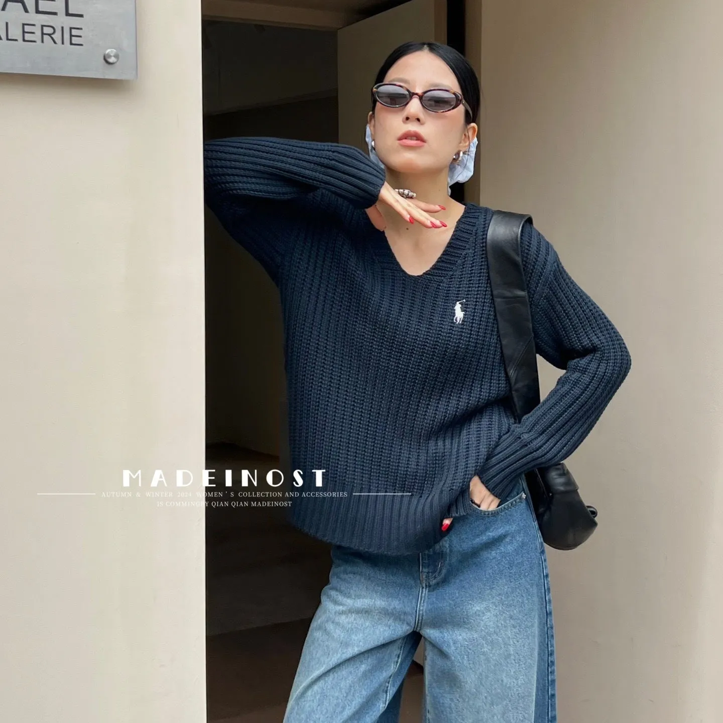 Joskaa 2024 Autumn New 9% Wool 20% Tencel Lazy Atmosphere V-neck Thick Needle Loose Sweater