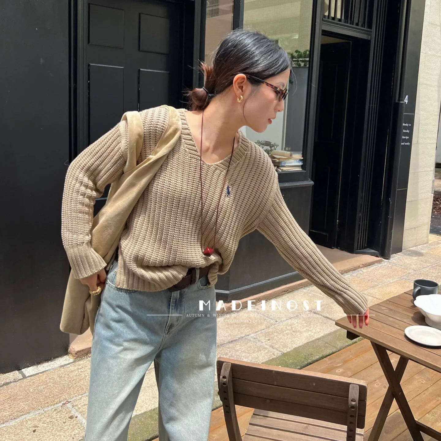 Joskaa 2024 Autumn New 9% Wool 20% Tencel Lazy Atmosphere V-neck Thick Needle Loose Sweater