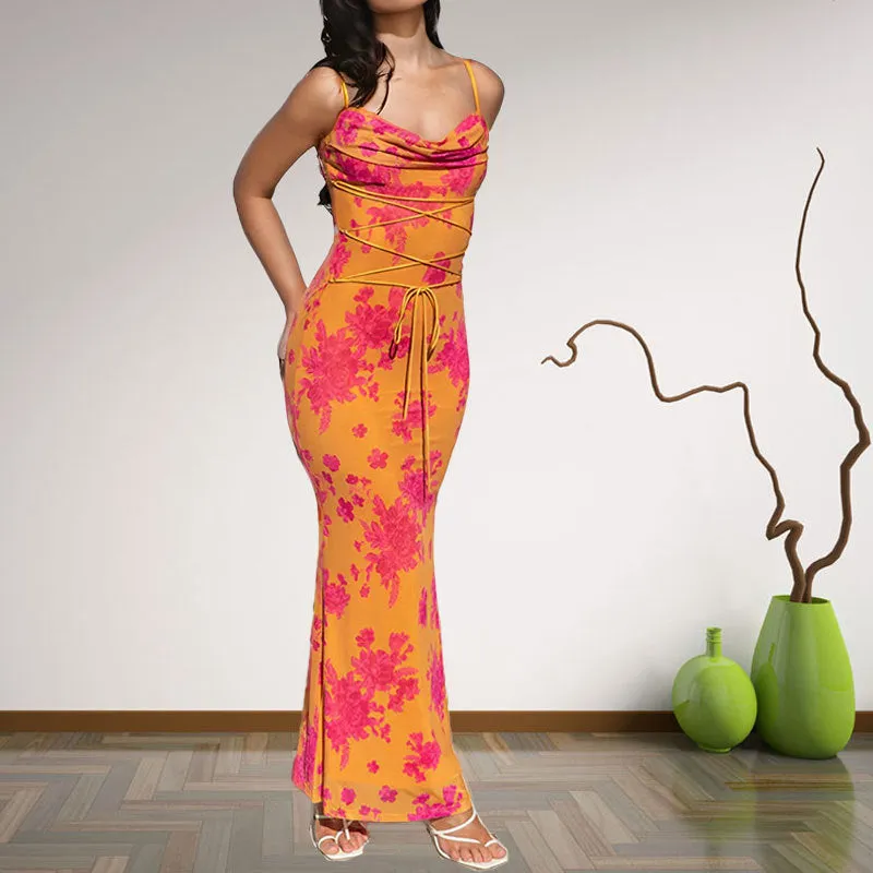 Joskaa birthday outfits Women's 2024 Summer New Sexy Backless Slim-Fit Sheath Printed Sling Dress