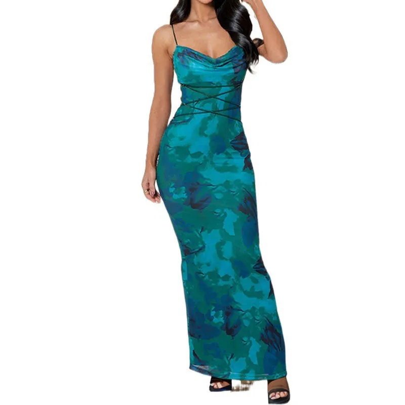 Joskaa birthday outfits Women's 2024 Summer New Sexy Backless Slim-Fit Sheath Printed Sling Dress