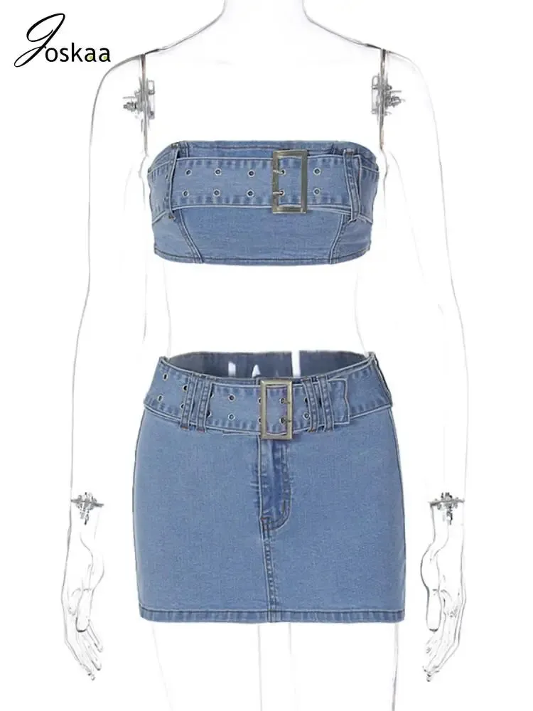 Joskaa Blue Denim Two Piece Set Women Sexy Tube Tops and Mini Skirt Matching Autumn 2024 Harajuku Streetwear Night Club Outfits