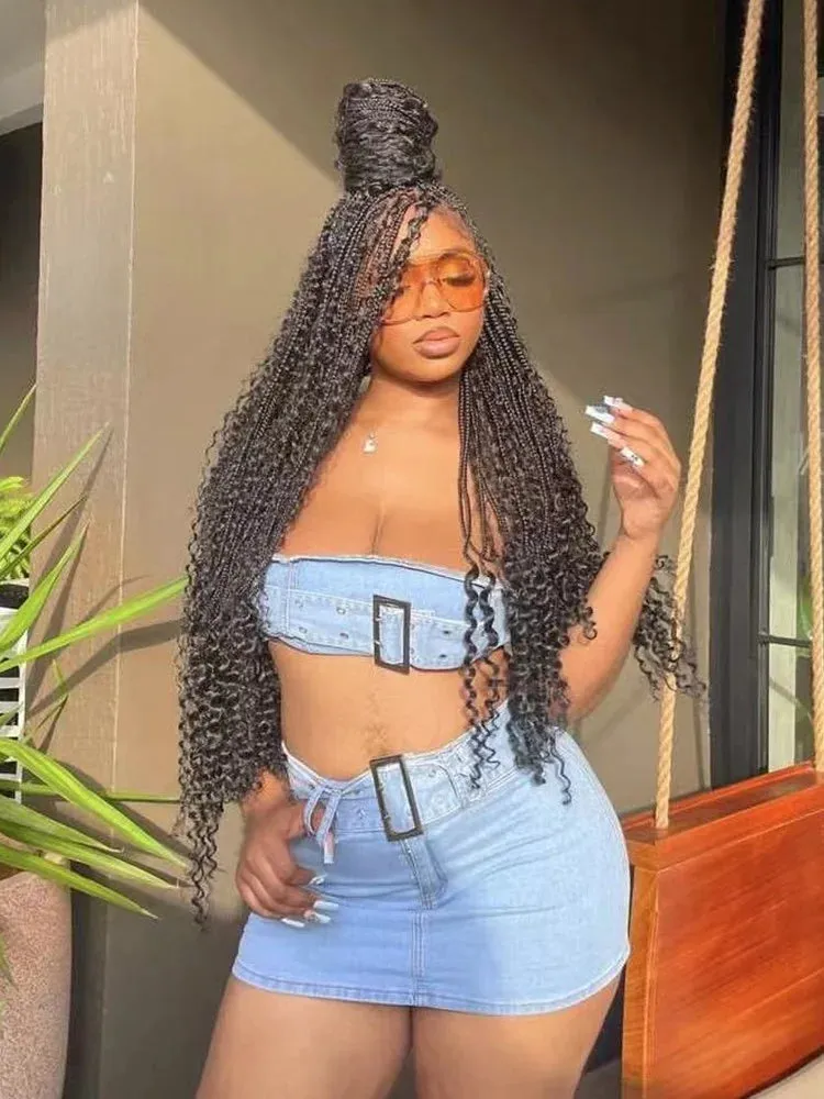 Joskaa Blue Denim Two Piece Set Women Sexy Tube Tops and Mini Skirt Matching Autumn 2024 Harajuku Streetwear Night Club Outfits