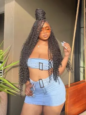 Joskaa Blue Denim Two Piece Set Women Sexy Tube Tops and Mini Skirt Matching Autumn 2024 Harajuku Streetwear Night Club Outfits