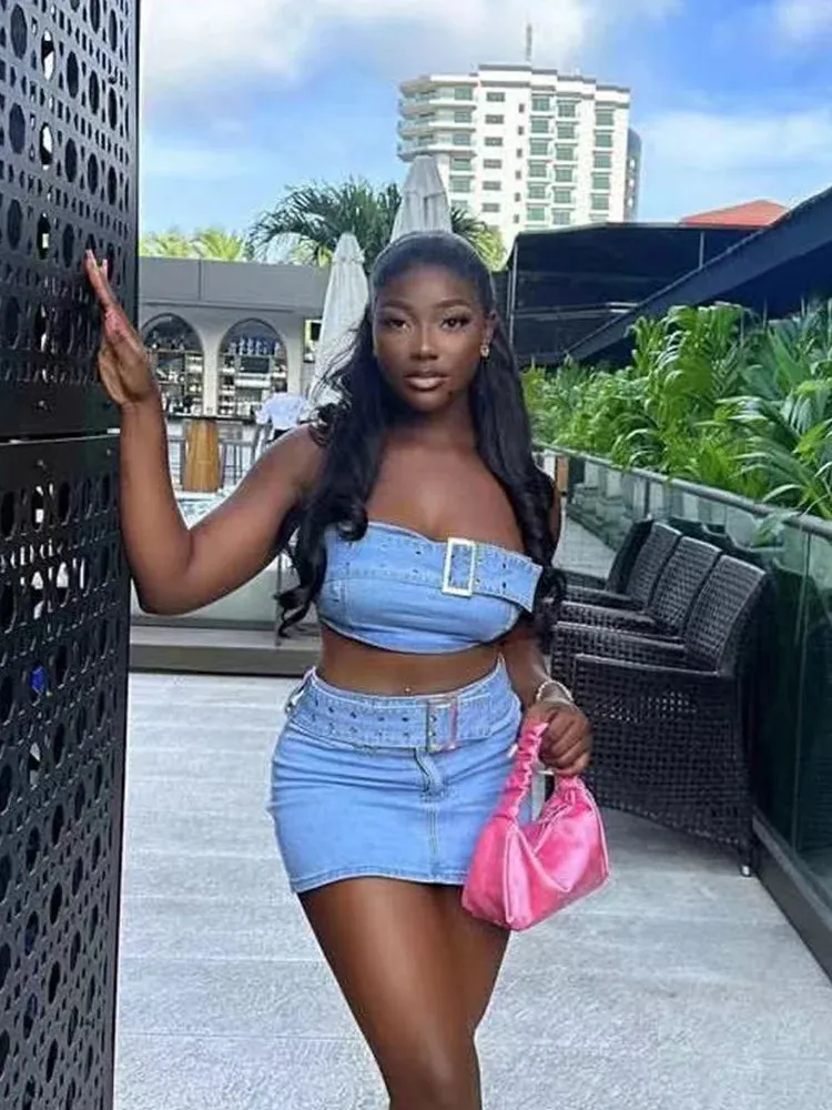 Joskaa Blue Denim Two Piece Set Women Sexy Tube Tops and Mini Skirt Matching Autumn 2024 Harajuku Streetwear Night Club Outfits