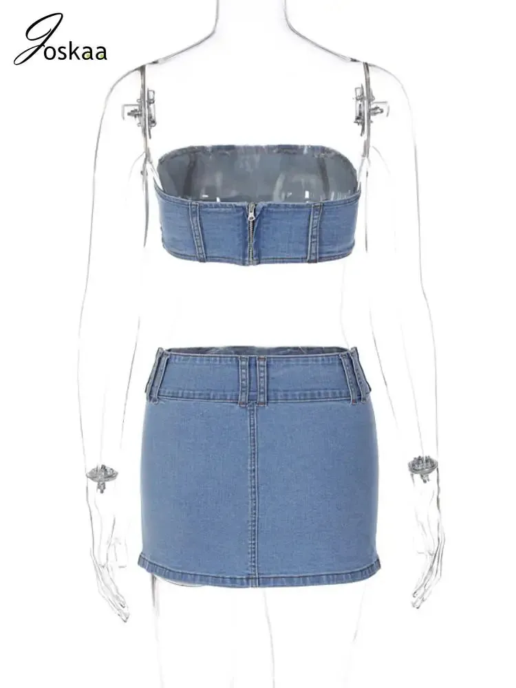 Joskaa Blue Denim Two Piece Set Women Sexy Tube Tops and Mini Skirt Matching Autumn 2024 Harajuku Streetwear Night Club Outfits