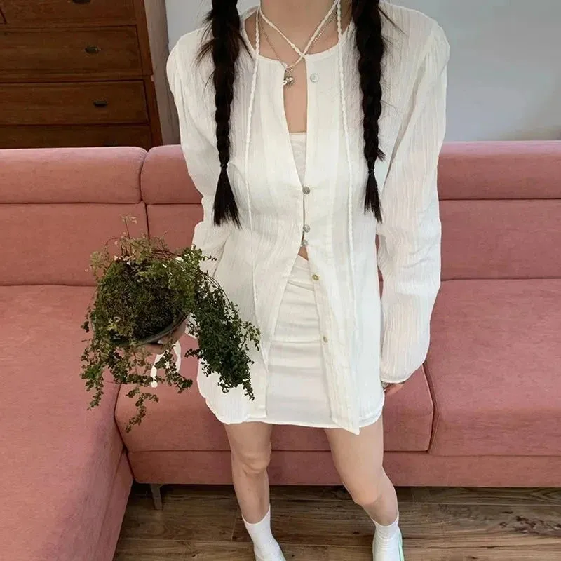 Joskaa Fashion Suit Women Long Sleeve Lacing Up Sun Protection Shirt Summer High Waist Pleated Half Body Short Skirt Two Pieces Clothes