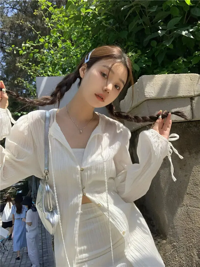 Joskaa Fashion Suit Women Long Sleeve Lacing Up Sun Protection Shirt Summer High Waist Pleated Half Body Short Skirt Two Pieces Clothes