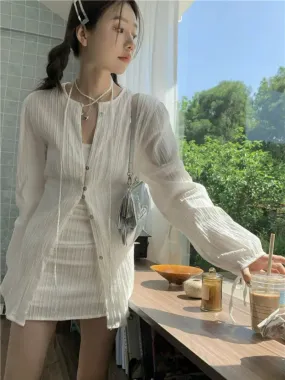 Joskaa Fashion Suit Women Long Sleeve Lacing Up Sun Protection Shirt Summer High Waist Pleated Half Body Short Skirt Two Pieces Clothes