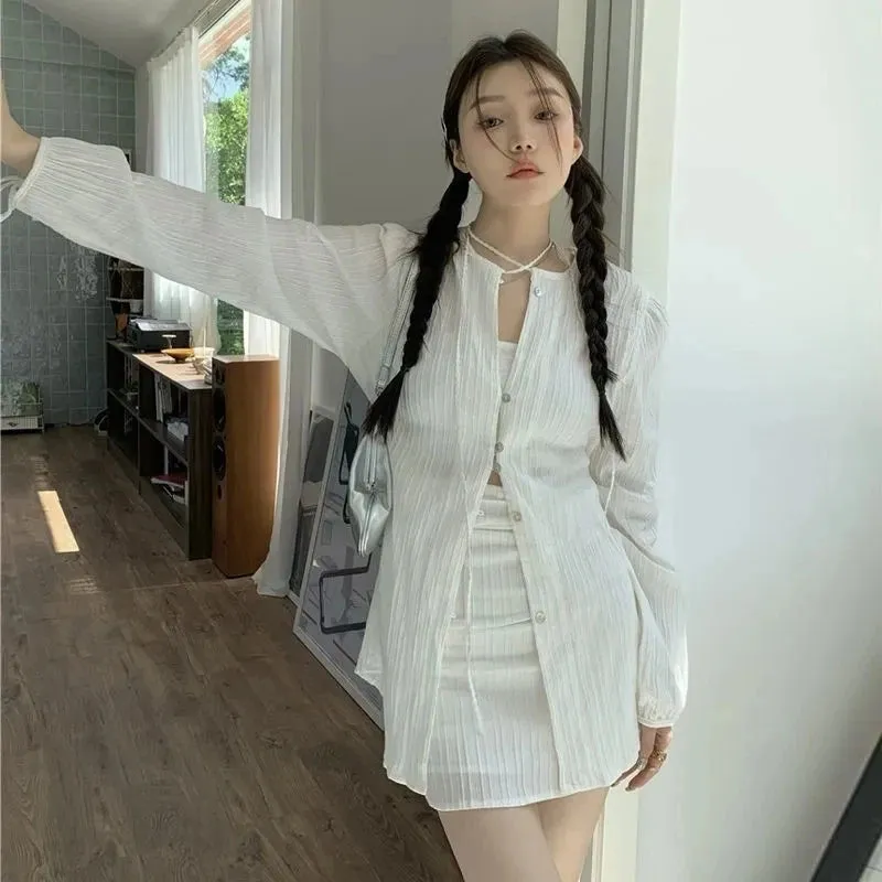 Joskaa Fashion Suit Women Long Sleeve Lacing Up Sun Protection Shirt Summer High Waist Pleated Half Body Short Skirt Two Pieces Clothes