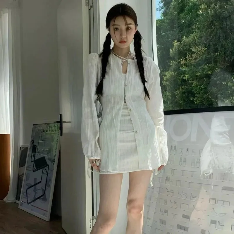 Joskaa Fashion Suit Women Long Sleeve Lacing Up Sun Protection Shirt Summer High Waist Pleated Half Body Short Skirt Two Pieces Clothes