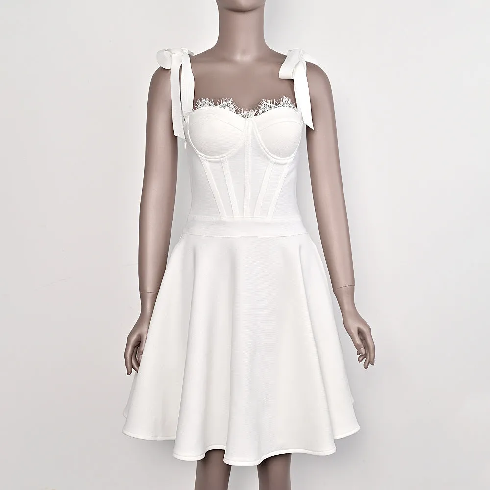 Joskaa white dress 2024 Summer Sweet Lace Bow White Bandage Dress a Swing Birthday Stretch Women's Clothing