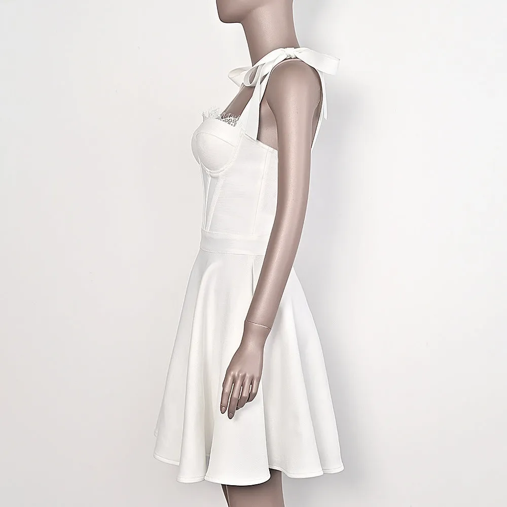 Joskaa white dress 2024 Summer Sweet Lace Bow White Bandage Dress a Swing Birthday Stretch Women's Clothing