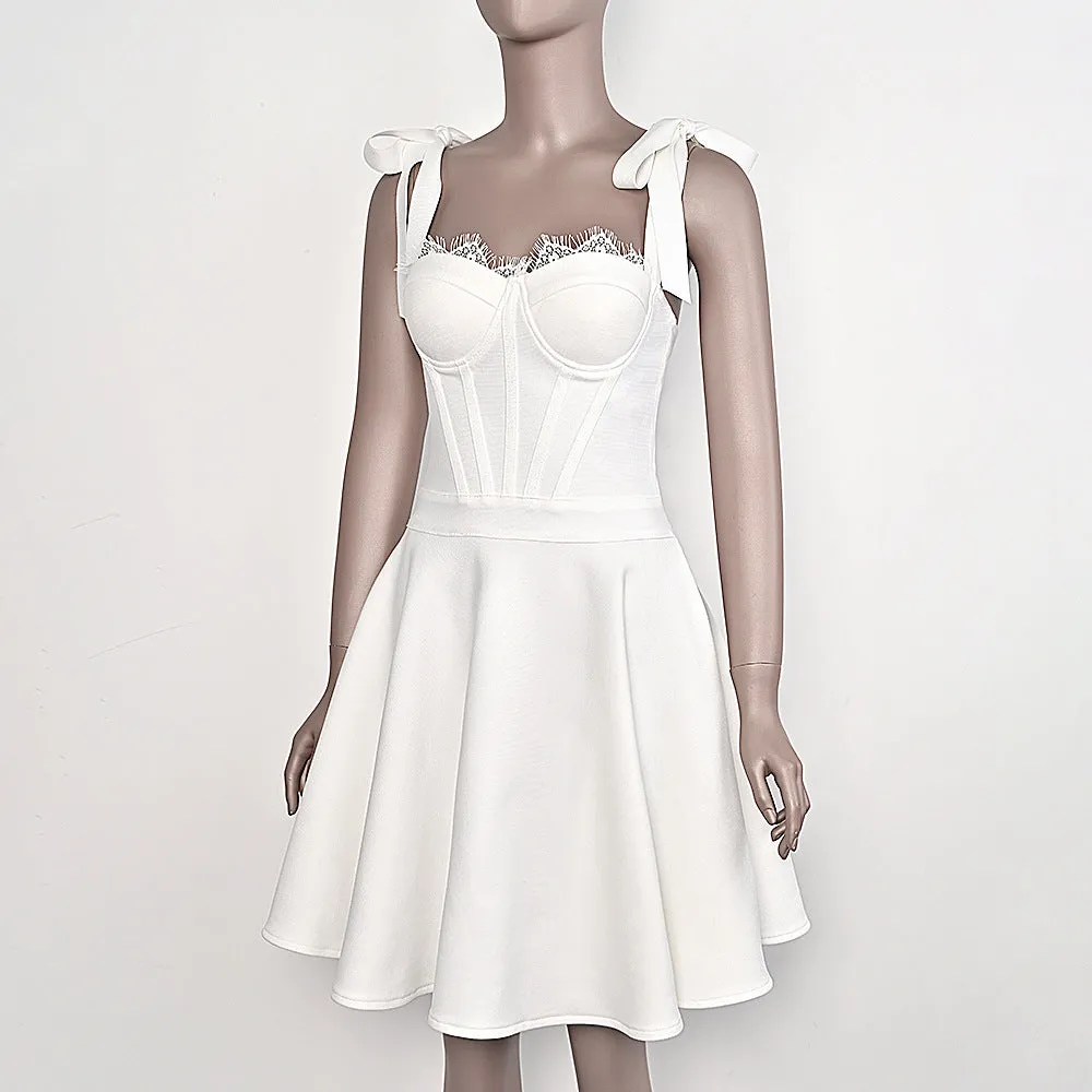 Joskaa white dress 2024 Summer Sweet Lace Bow White Bandage Dress a Swing Birthday Stretch Women's Clothing