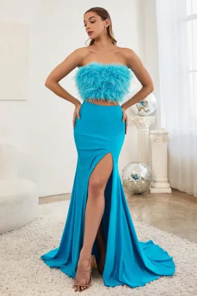 Ladivine C141 Size 8 Ocean Blue Two Piece Feather Prom Dress Neon Jersey Slit Formal Gown Strapless