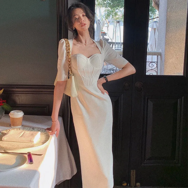 Lanfubeisi 2000s fashion French Style White Dress Gentle Style Five-Quarter Sleeve Dress Women's Summer Retro Elegant Fishbone Waist-Tight Dress