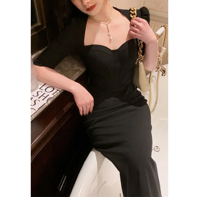 Lanfubeisi 2000s fashion French Style White Dress Gentle Style Five-Quarter Sleeve Dress Women's Summer Retro Elegant Fishbone Waist-Tight Dress