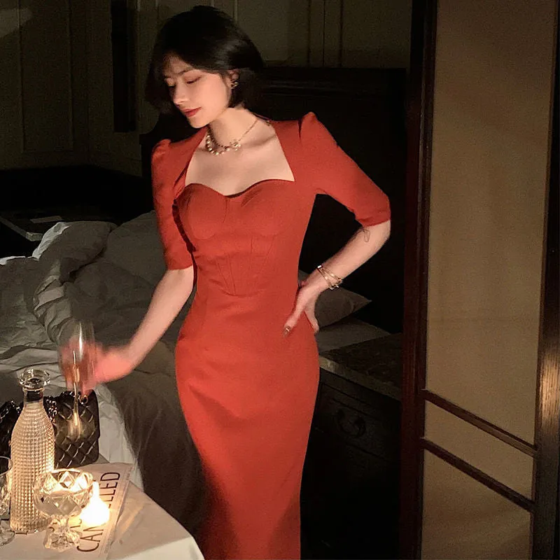 Lanfubeisi 2000s fashion French Style White Dress Gentle Style Five-Quarter Sleeve Dress Women's Summer Retro Elegant Fishbone Waist-Tight Dress