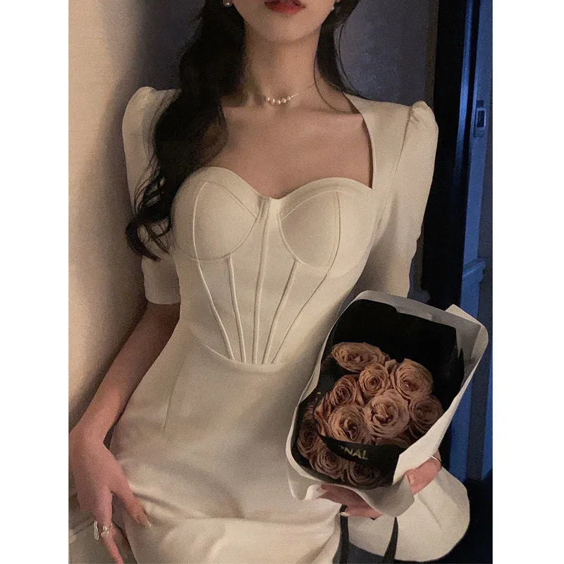 Lanfubeisi 2000s fashion French Style White Dress Gentle Style Five-Quarter Sleeve Dress Women's Summer Retro Elegant Fishbone Waist-Tight Dress