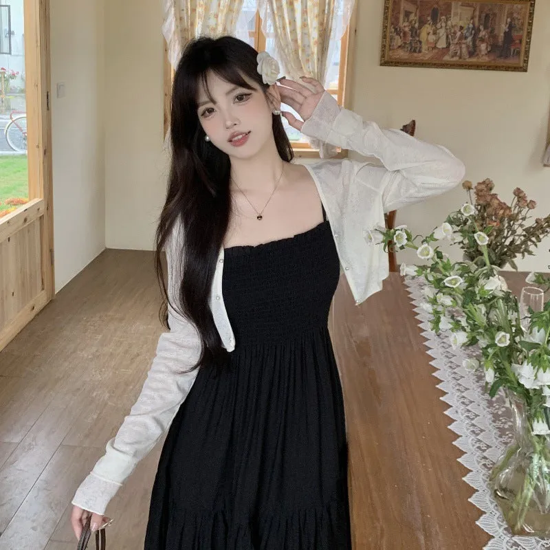 Lanfubeisi church outfit Spring/Summer New French Retro Hepburn Style Holiday Black Suspender Dress   Cardigan Two-Piece Set