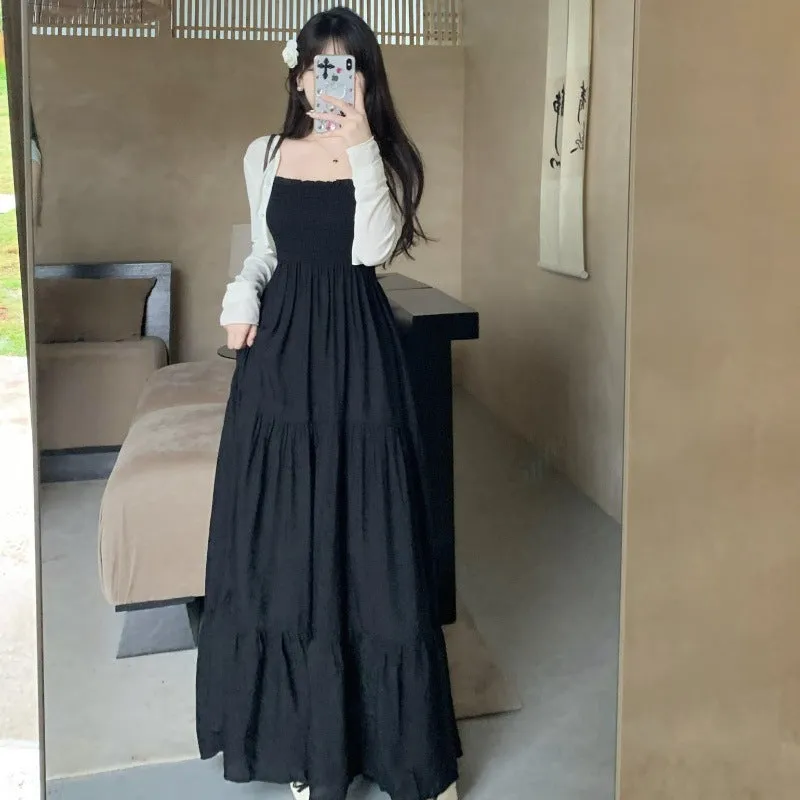 Lanfubeisi church outfit Spring/Summer New French Retro Hepburn Style Holiday Black Suspender Dress   Cardigan Two-Piece Set