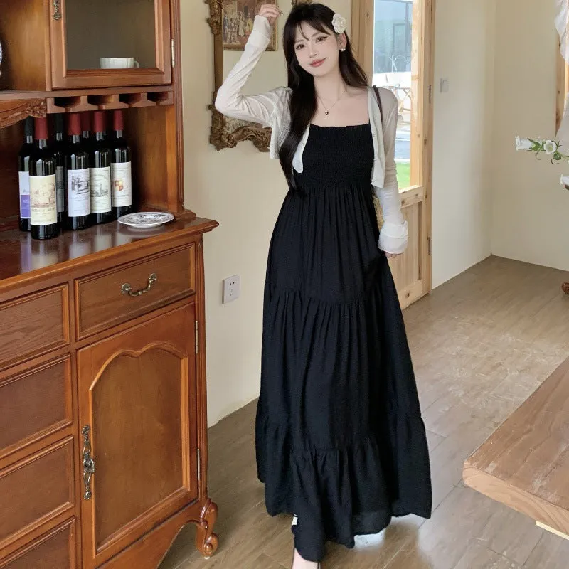 Lanfubeisi church outfit Spring/Summer New French Retro Hepburn Style Holiday Black Suspender Dress   Cardigan Two-Piece Set
