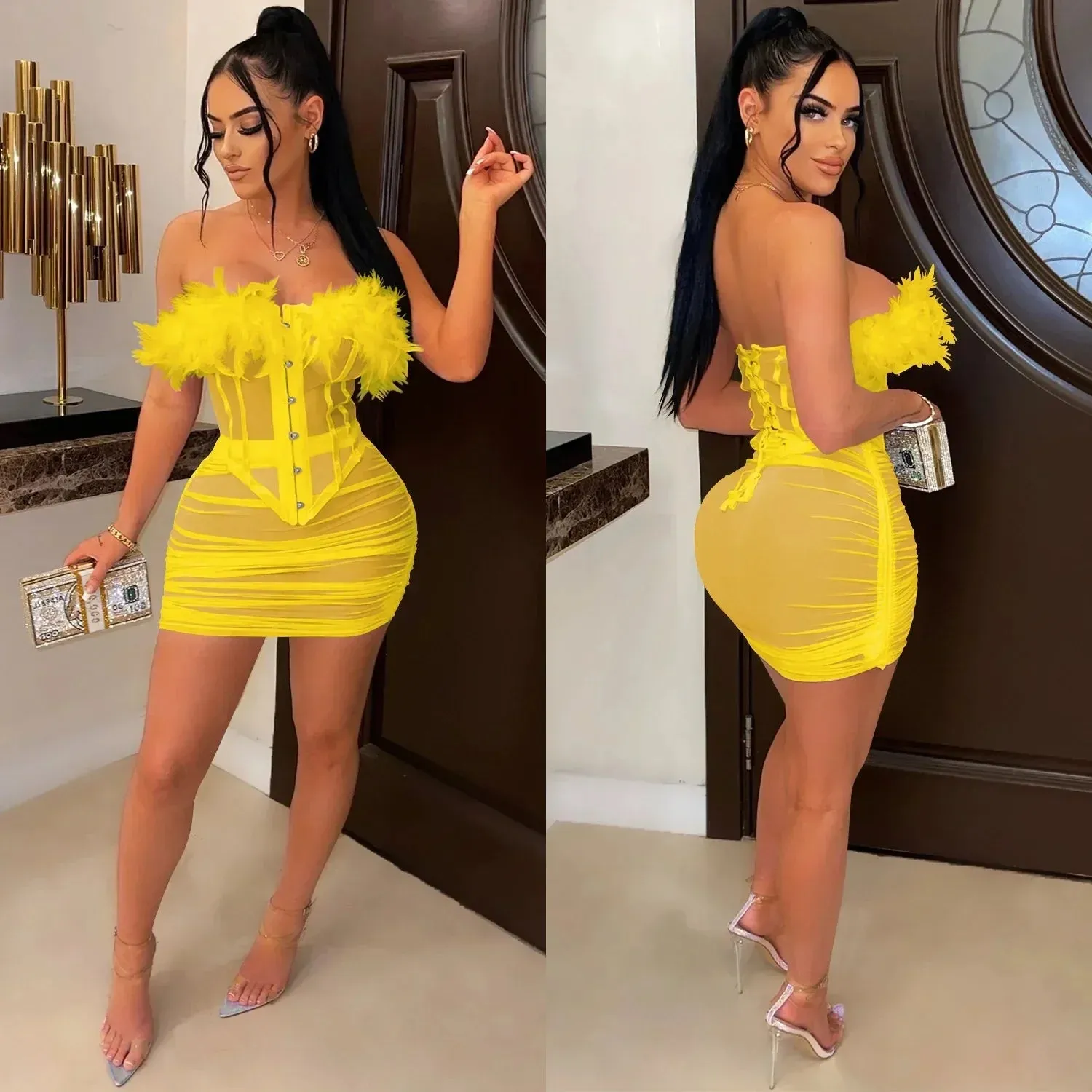 LVSANW ANJAMANOR Feather Mesh Corset Top and Skirt Sexy 2 Piece Set Party Night Club Outfits for Women See Through Mini Dress D42-DG20