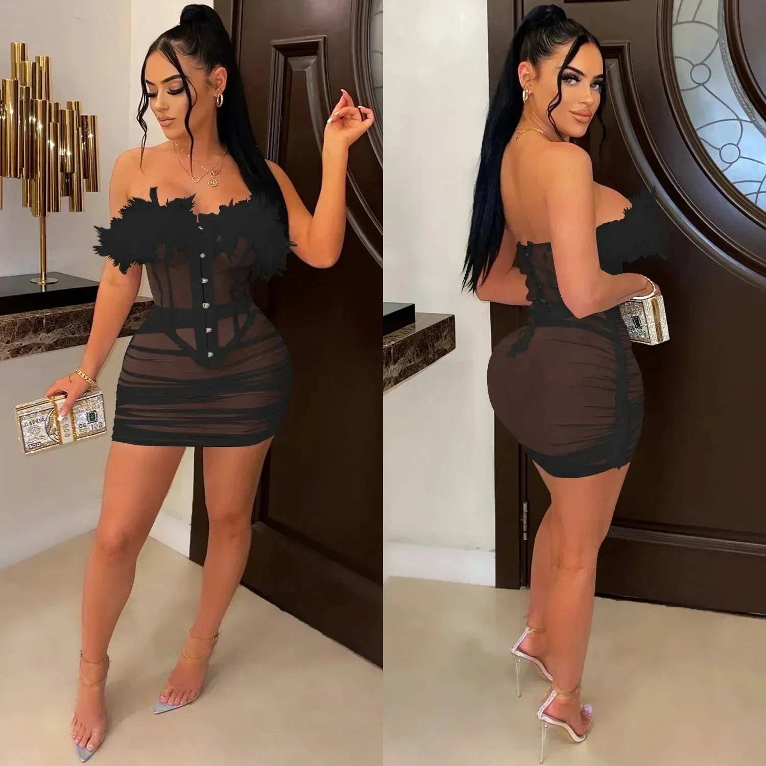 LVSANW ANJAMANOR Feather Mesh Corset Top and Skirt Sexy 2 Piece Set Party Night Club Outfits for Women See Through Mini Dress D42-DG20