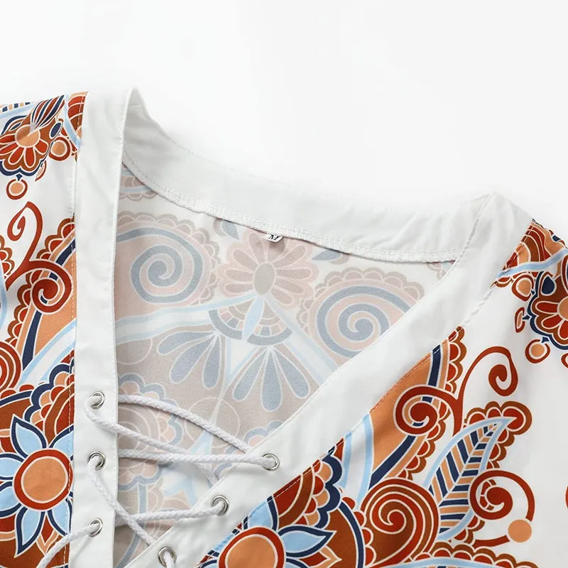 Men's V Neck Floral Print Chest Lace-up Half Sleeve Top