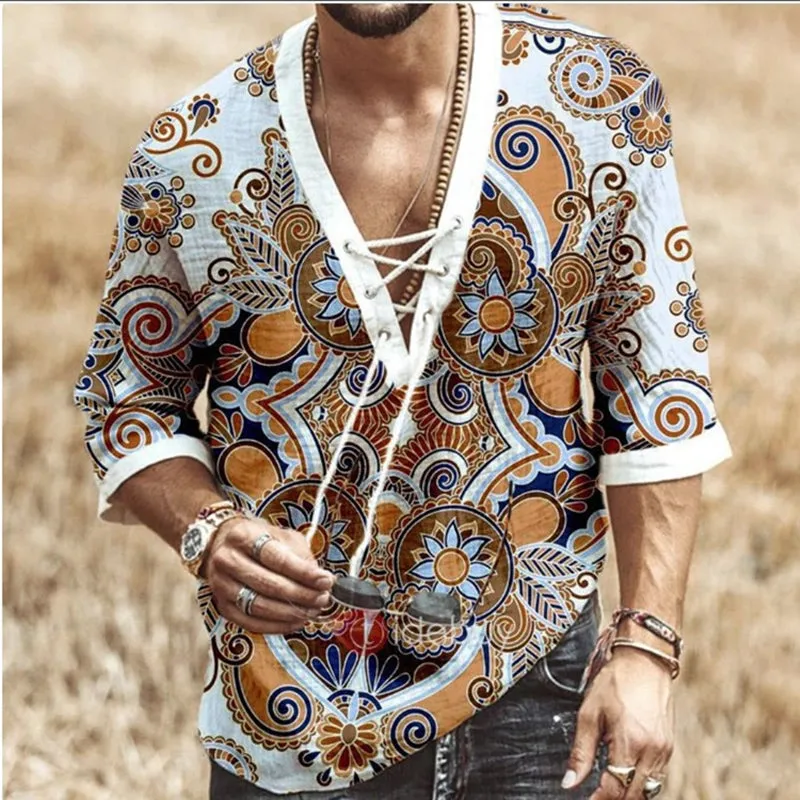 Men's V Neck Floral Print Chest Lace-up Half Sleeve Top