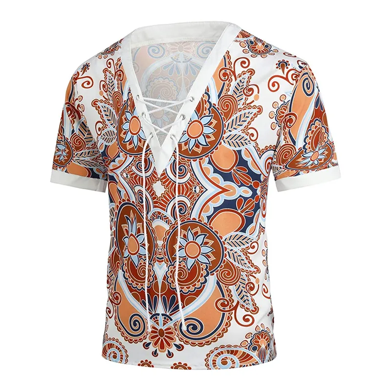 Men's V Neck Floral Print Chest Lace-up Half Sleeve Top