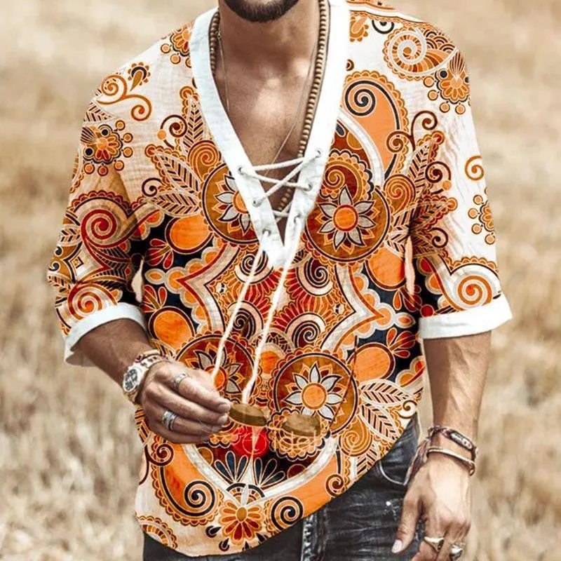 Men's V Neck Floral Print Chest Lace-up Half Sleeve Top