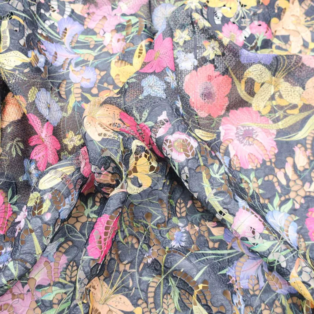 Multicolored Floral Printed Guipure Lace