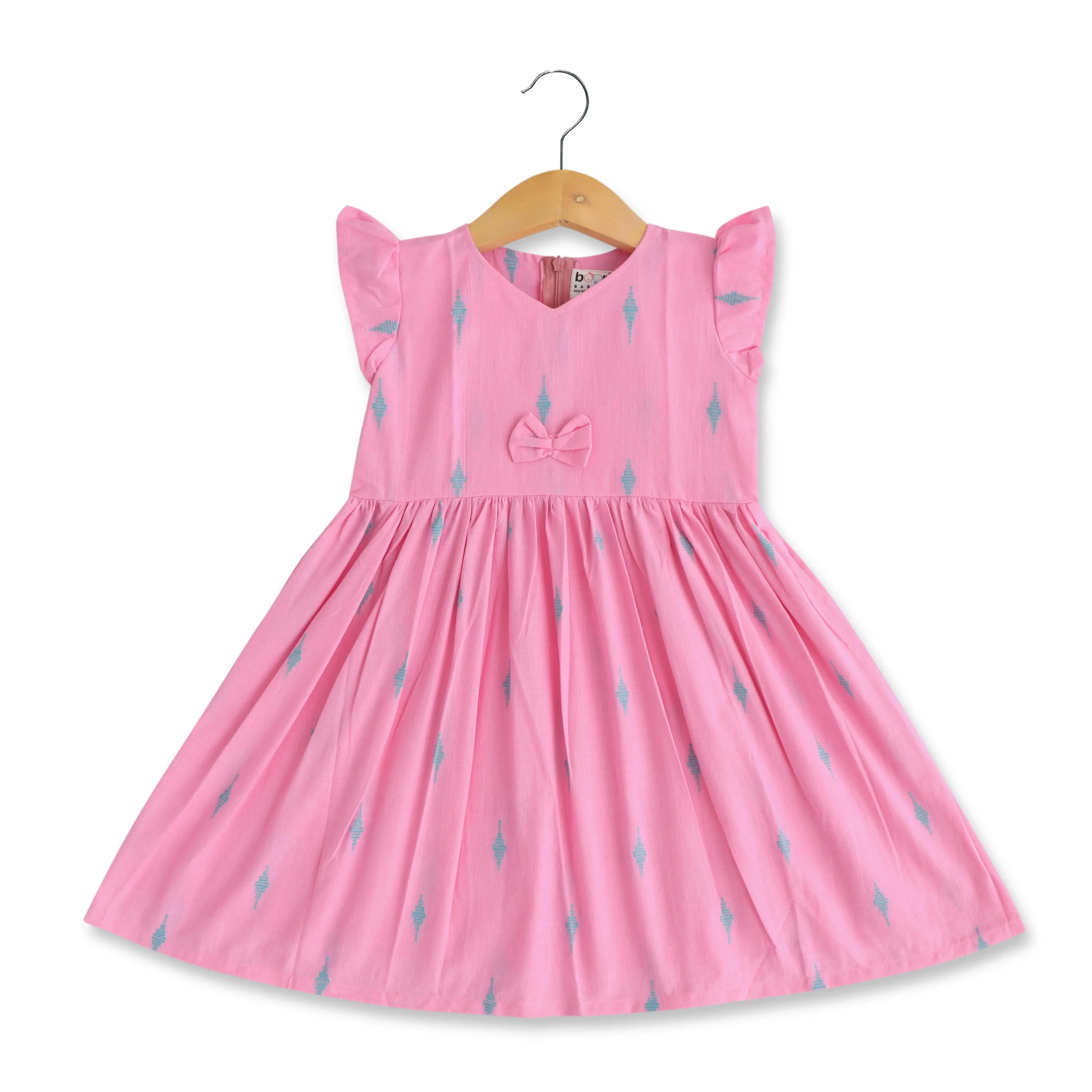 Patterned Perfection: Pink Cotton Frock with Geometric Embroidery for Baby Girls