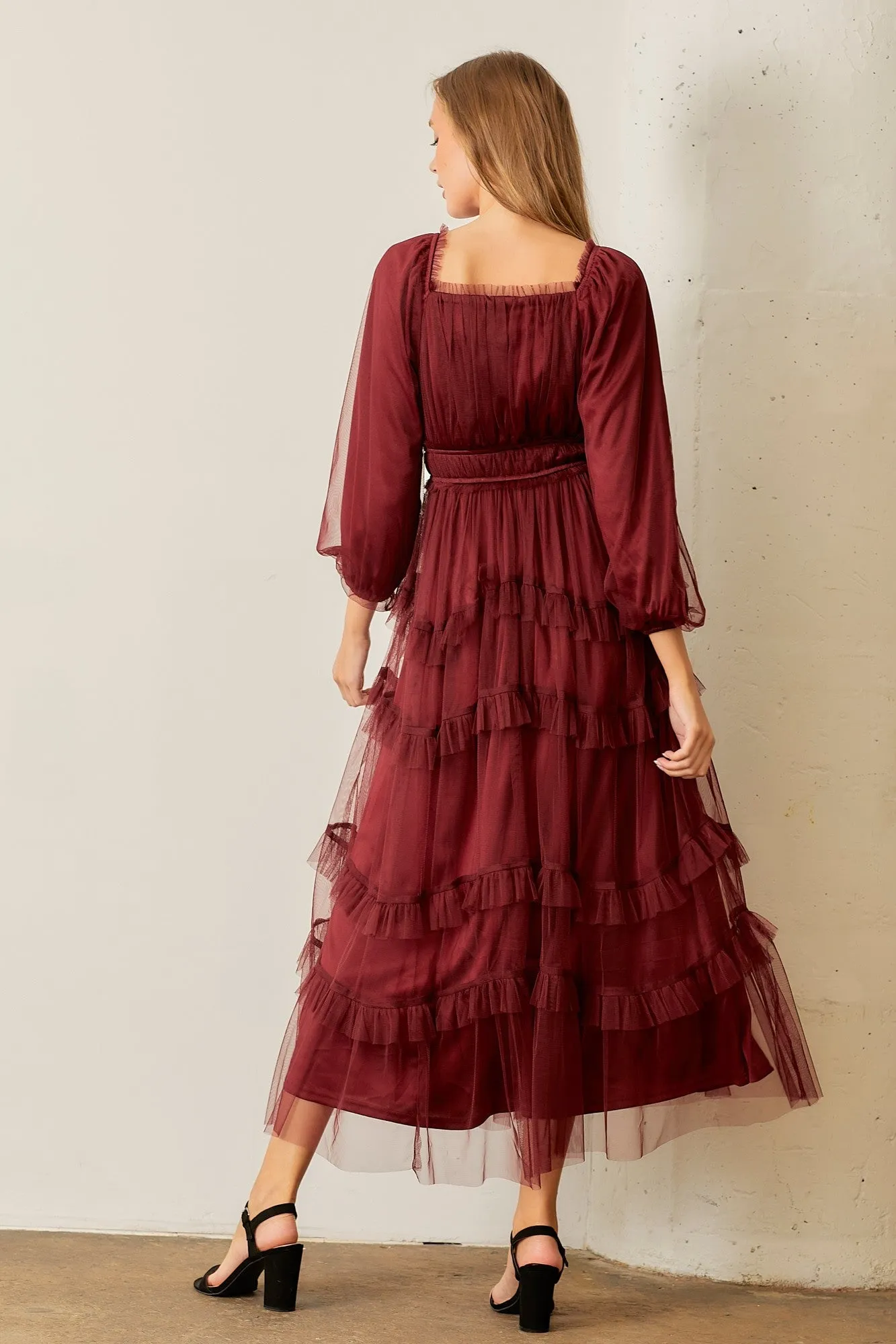 Polagram Long Sleeve Tulle Maxi Dress in Burgundy