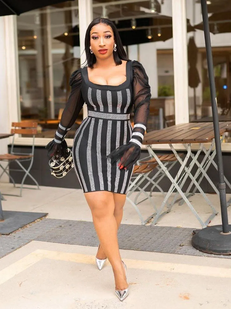 Rhinestone Spaghetti Strap Trendy Bodycon Mini Dress