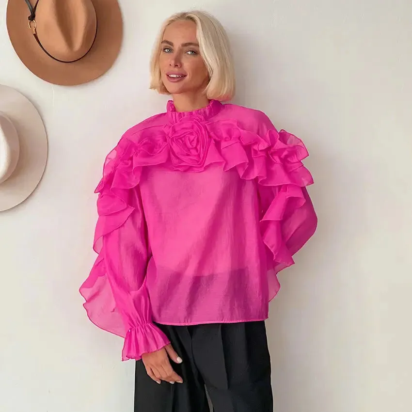 Ruffled Graceful Stand Collar Tencel Shirt