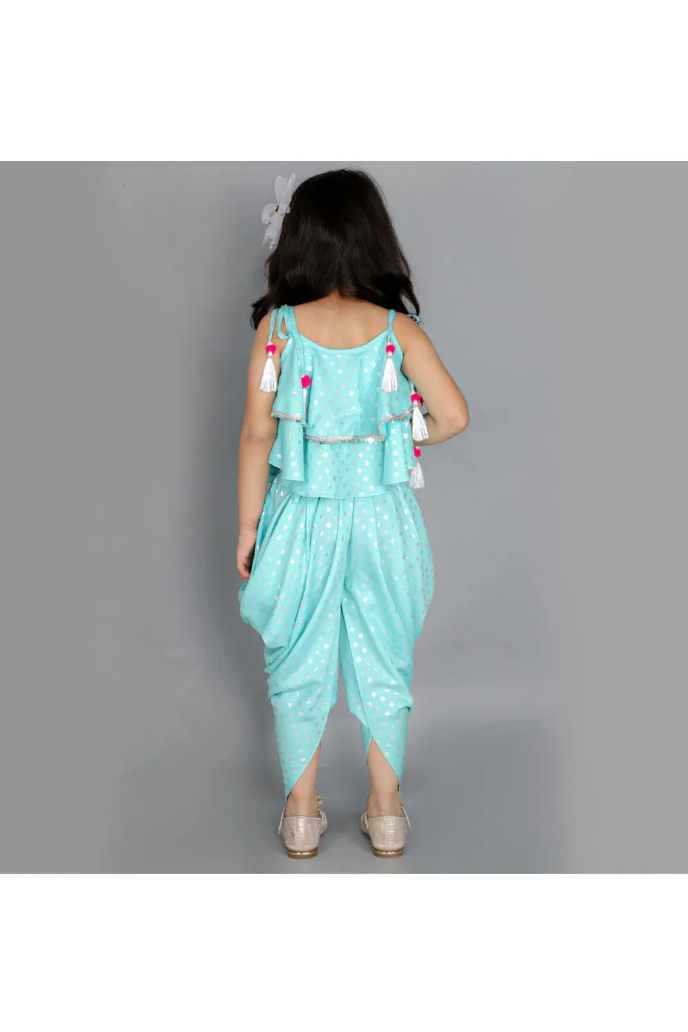 Sea green Printed Frill Sleeveless Top With Dhoti Set