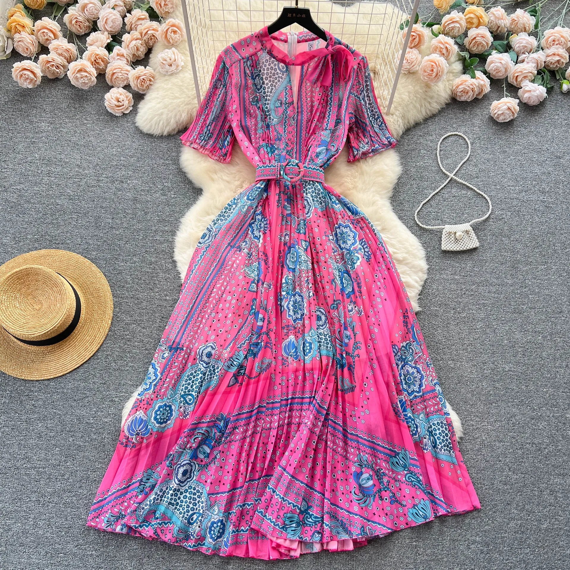 Toleet boxer costume Elegant Hollow round Neck Bow Print Dress Waist-Tight Elegant Chiffon Pleated Skirt