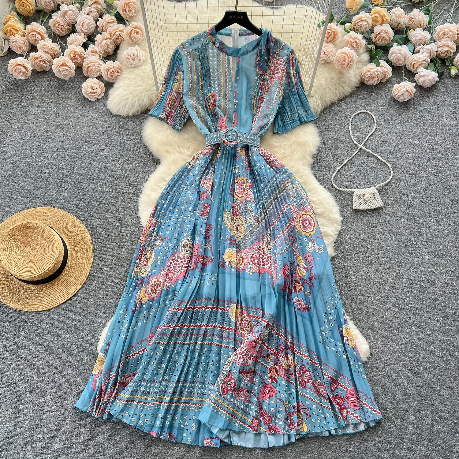 Toleet boxer costume Elegant Hollow round Neck Bow Print Dress Waist-Tight Elegant Chiffon Pleated Skirt