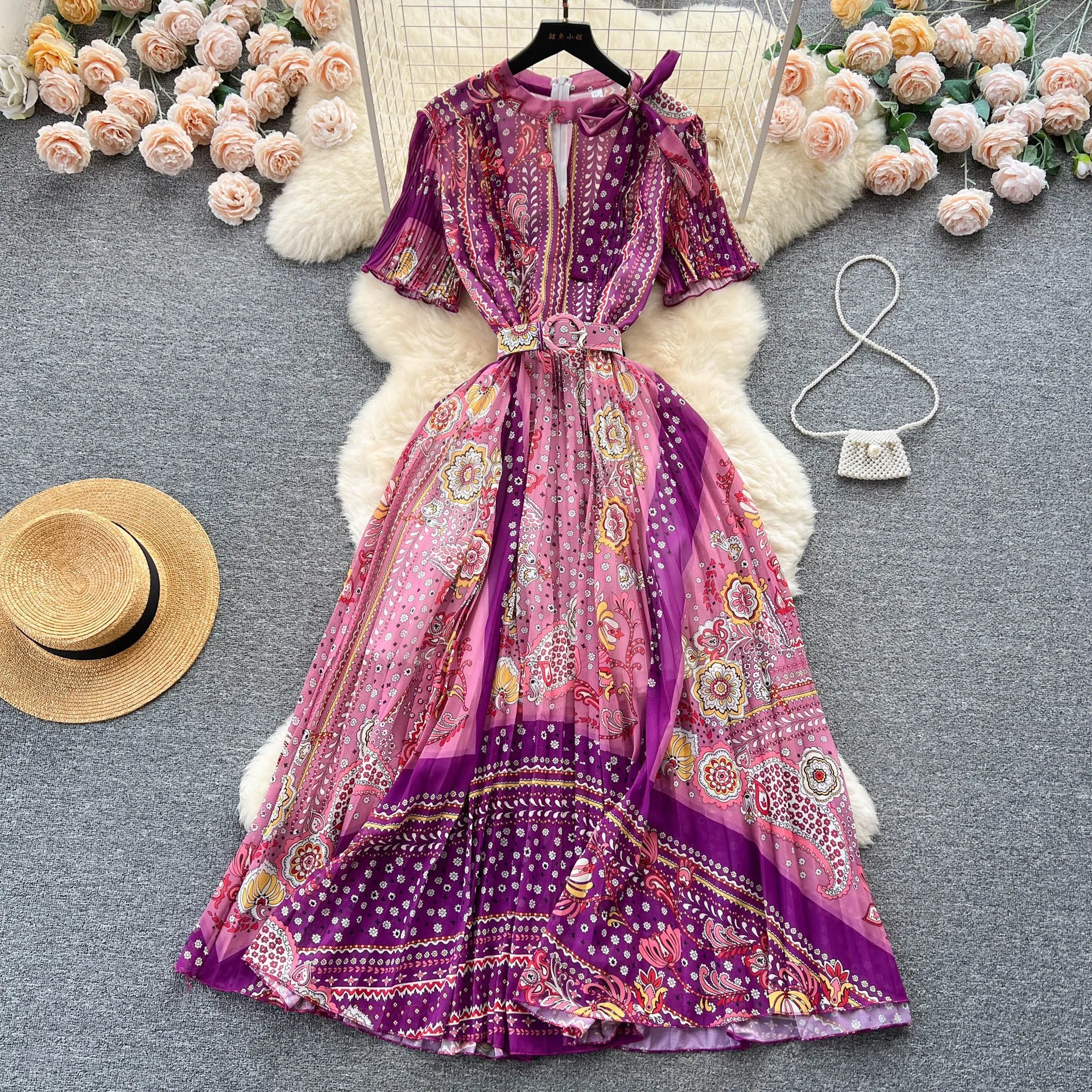 Toleet boxer costume Elegant Hollow round Neck Bow Print Dress Waist-Tight Elegant Chiffon Pleated Skirt