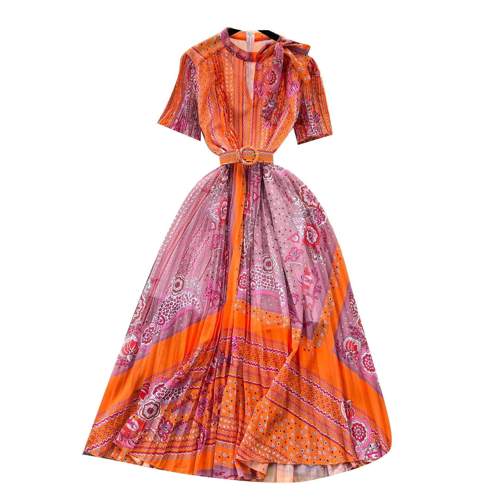 Toleet boxer costume Elegant Hollow round Neck Bow Print Dress Waist-Tight Elegant Chiffon Pleated Skirt