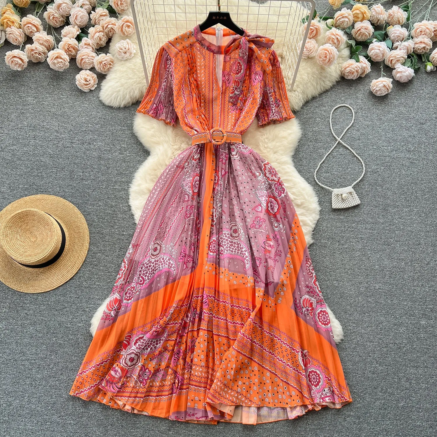Toleet boxer costume Elegant Hollow round Neck Bow Print Dress Waist-Tight Elegant Chiffon Pleated Skirt