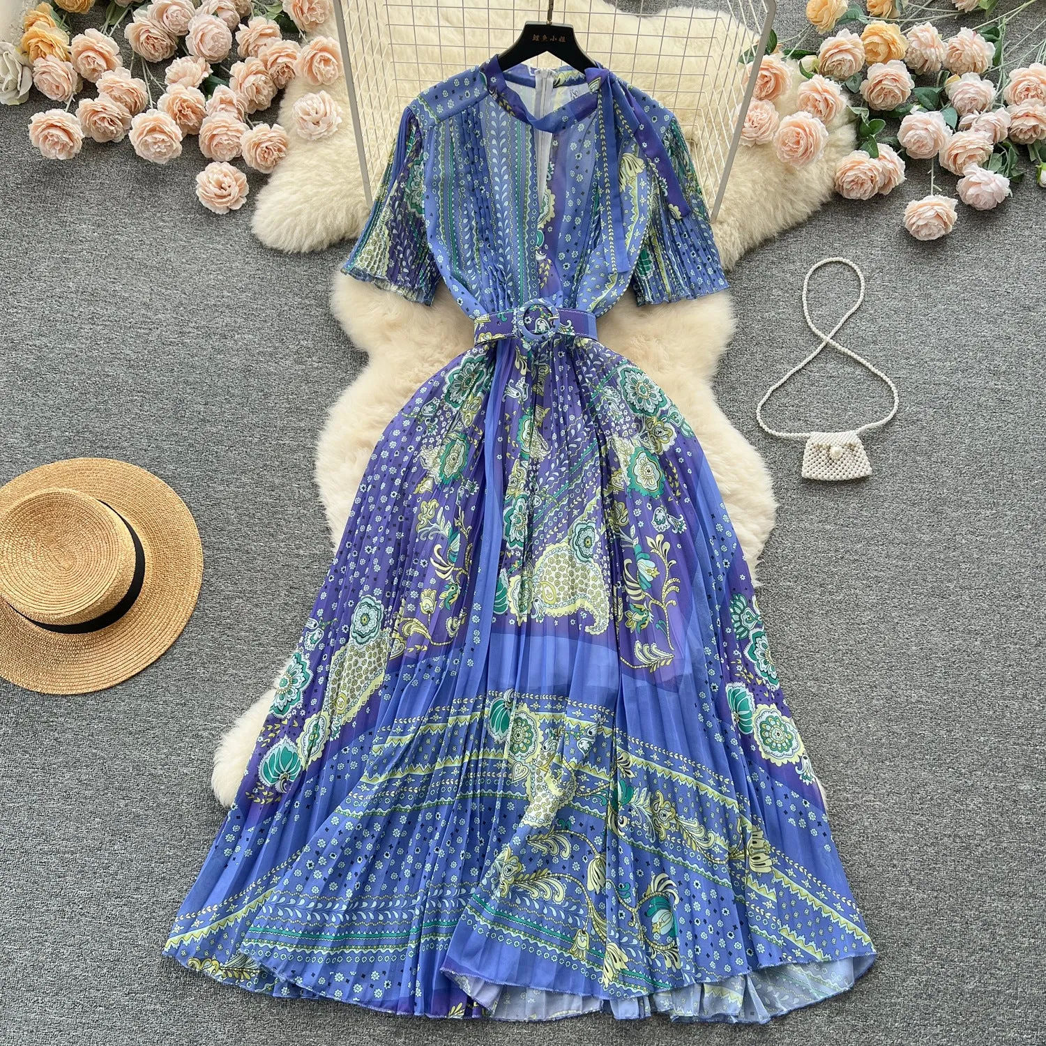 Toleet boxer costume Elegant Hollow round Neck Bow Print Dress Waist-Tight Elegant Chiffon Pleated Skirt