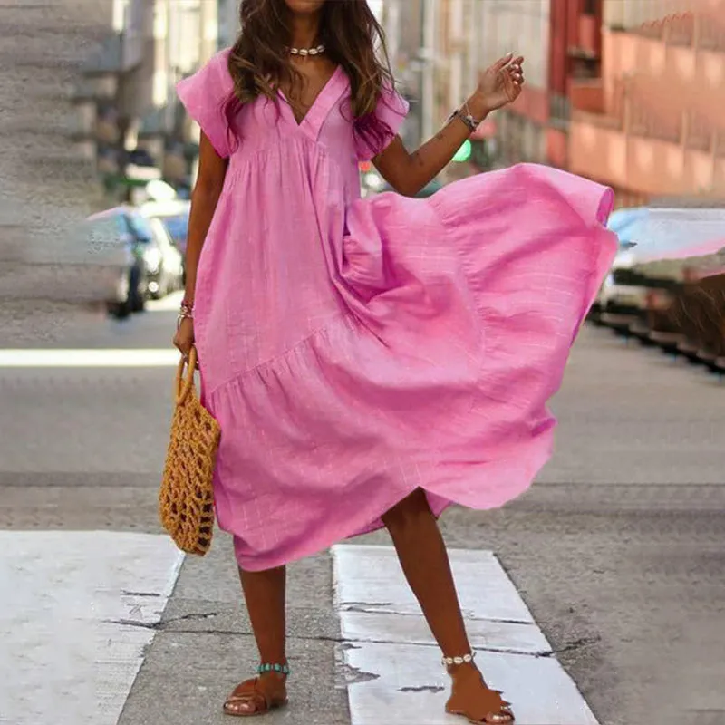 V-neck dress with asymmetrical skirt - maxi dress