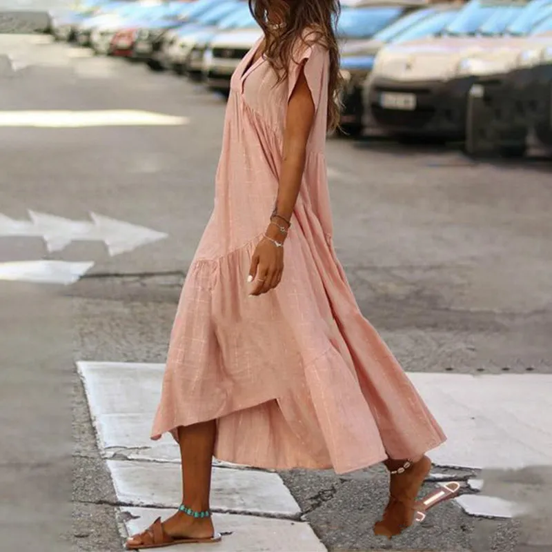 V-neck dress with asymmetrical skirt - maxi dress