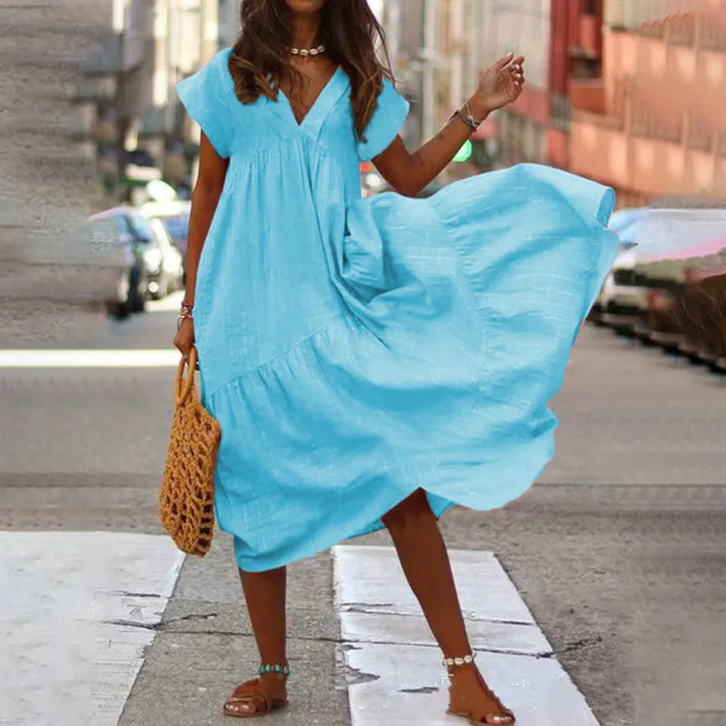 V-neck dress with asymmetrical skirt - maxi dress