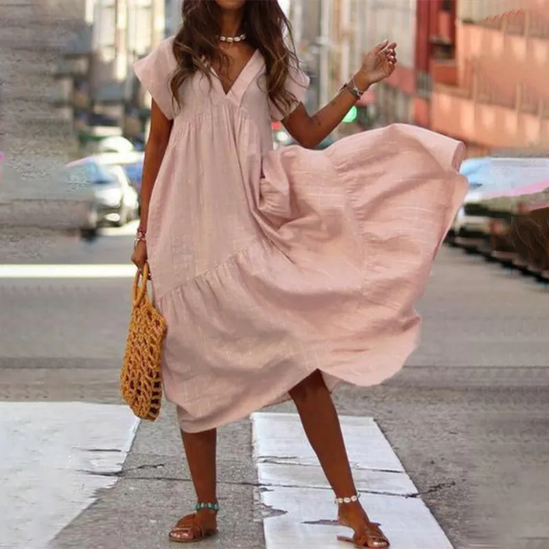 V-neck dress with asymmetrical skirt - maxi dress