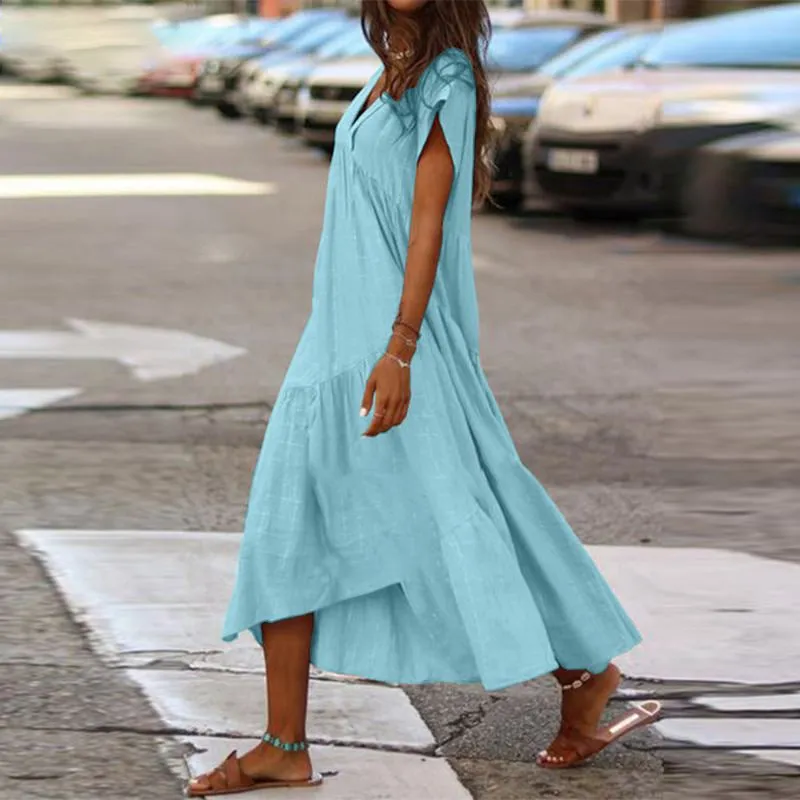 V-neck dress with asymmetrical skirt - maxi dress